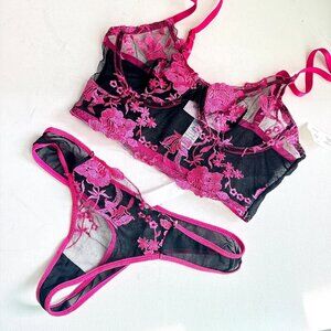 Bed of Roses Black Pink Floral Bra Thong Set S